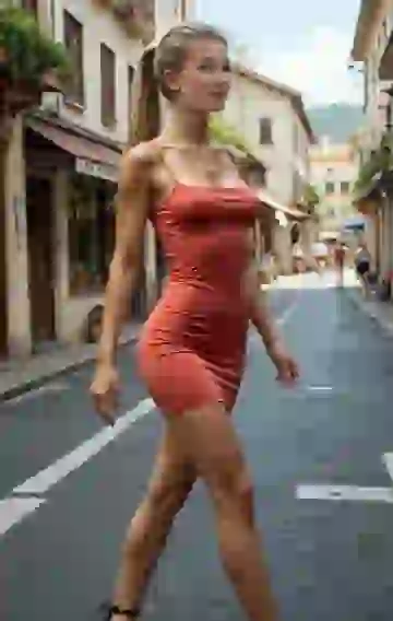 Wygenerowane przez sztuczną inteligencję zdjęcie blondynki z kucykiem w obcisłej czerwonej sukience spacerującej pewnie po ulicy.