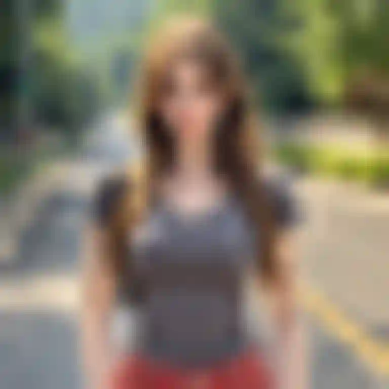 회색 탑과 핑크색 데님 바지를 입은 여성이 길에서 자신감 있게 포즈를 취하고 있습니다.