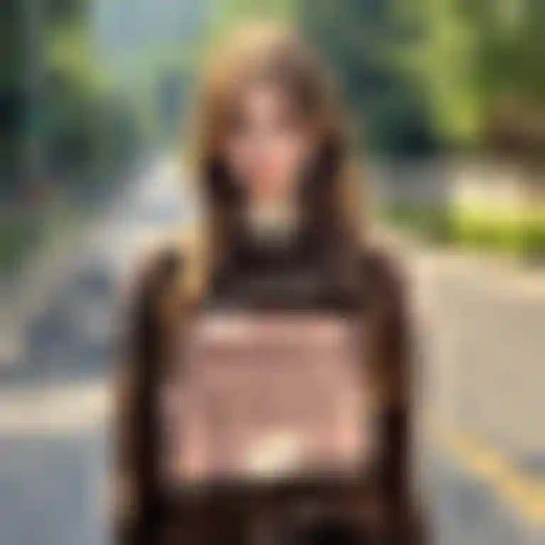 귀여운 터틀넥 스웨트 셔츠를 입은 여성이 도로에서 당당하게 포즈를 취하며 AI 옷 갈아입기 효과를 보여주고 있다.