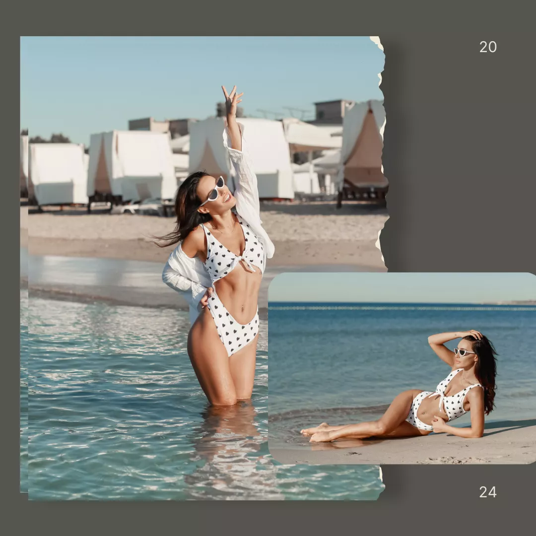 Mulher sexy de maiô de bolinhas preto e branco posando deitado e de pé na praia.
