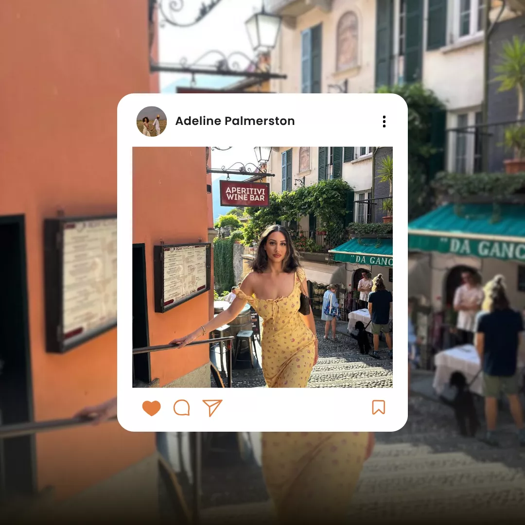 Menina bonita do Instagram usando vestido francês floral amarelo em um post de mídia social.