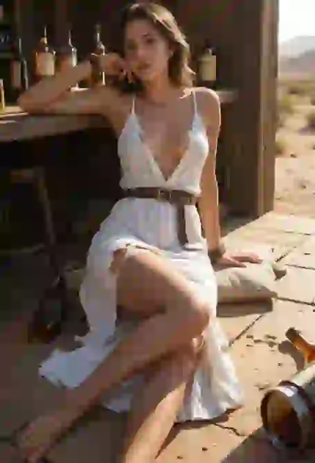 Imagen generada por IA de una mujer con un vestido blanco sin mangas, un corte en V profundo y un cinturón marrón sentada junto a una mesa de madera con varias botellas de alcohol a su alrededor en una escena soleada al aire libre.