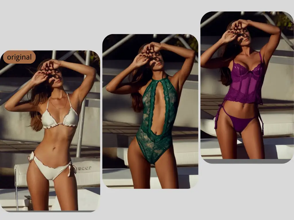 Bekijk een originele foto gestyled in twee sexy lingerie-looks-een in groen en een in paars-met onze AI-verkleedgereedschap.