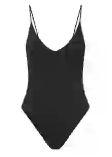 Black spaghetti strap thong swimsuit with deep U-neck. Template for clothes swap.