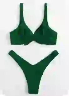 Dark green high-waisted strap triangle bikini set with front tie detail. Template for clothes swap.