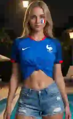 頬にフランス国旗のペイントが施されたフランスのサッカージャージとデニムのショートパンツを着た金髪の女性が、プールサイドでポーズをとっている。