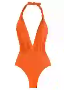 Orange halter neck deep V-neck one-piece swimsuit with ruched detail.