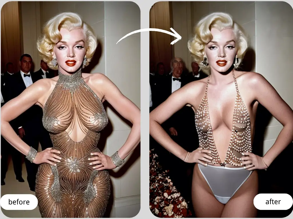 Een iconische Marilyn Monroe look opnieuw bedacht met AI - voor en na sexy jurk AI Fantasy.