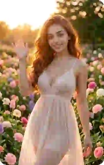 AI-generated photo of a beautiful woman in a white sheer sleeveless dress standing in a garden.