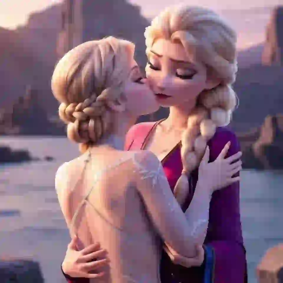 Door AI gegenereerde afbeelding van twee Disney-prinsessen met lang blond gevlochten haar die elkaar kussen bij het meer.