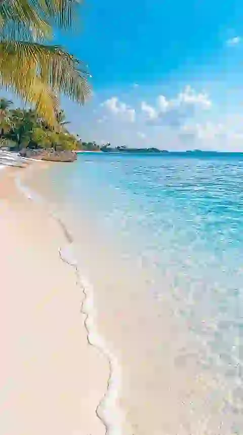 AI-genereret solbeskinnet gylden strandscene med azurblåt hav og blide bølger.