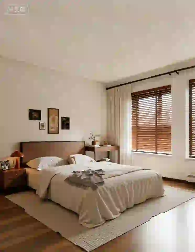 AI-genereret soveværelsesscene med et gulv-til-loft karnapvindue, blødt naturligt lys og minimalistisk indretning.
