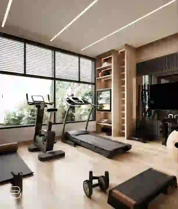 AI-genereret luksus boutique fitnessrum interiør med panoramavinduer og gråt industrielt design.