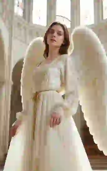 A woman in angel costume with golden halo and white wings, is standing in a luxurious church. Image effect for AI image to image.