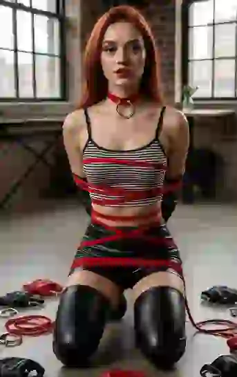 A red-haired woman is kneeling on the ground with red ribbon tied around her. Image effect for AI image to image.