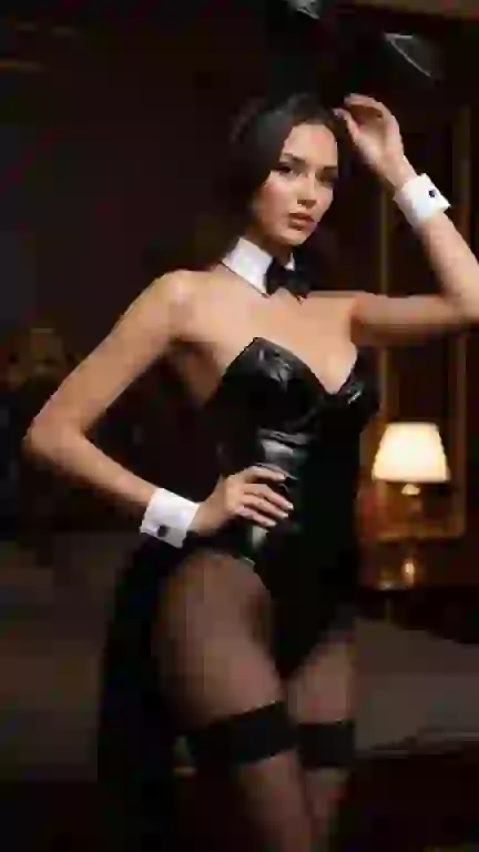 AI-generated image of a woman in bunny girl outfit: tight black bunny leotard, matching black bunny ears on her head, a white collar with a black bow tie, black wrist cuffs, and sheer black thigh-high stockings, posing in a dimly lit bedroom. Template for AI image to image tool.