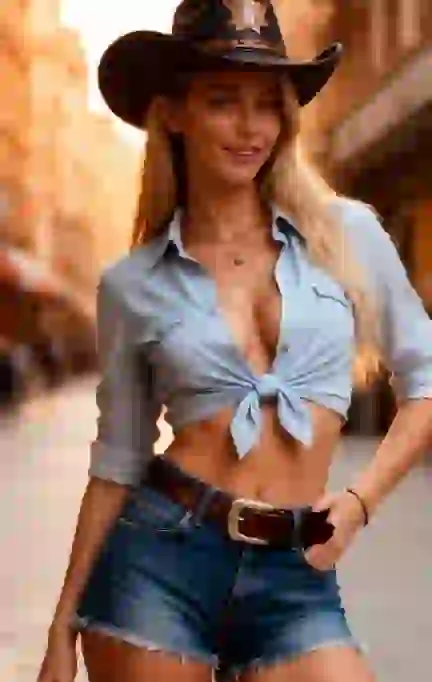 Donna in abito da cowgirl con camicia di jeans legata e cappello da cowboy su strada urbana per la trasformazione da immagine a immagine AI