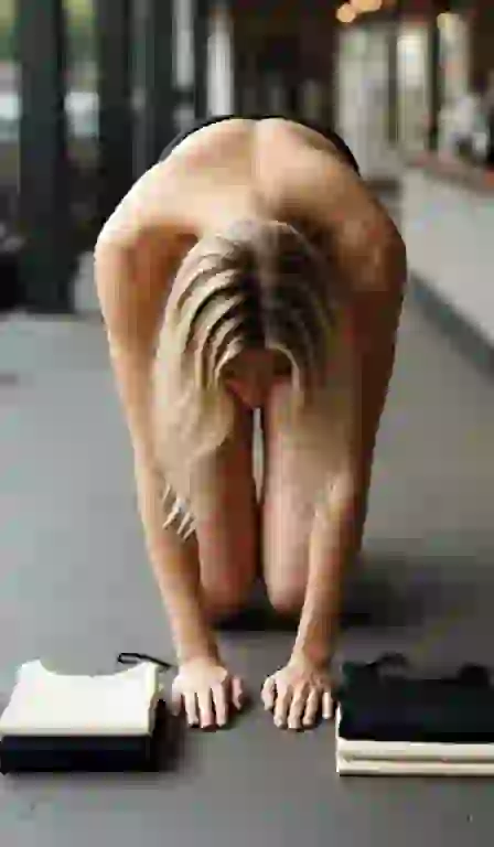 Donna in posizione dogetica inchinata sul pavimento per la generazione di immagini AI