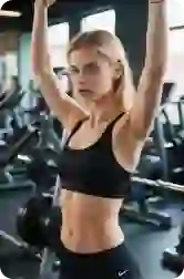 Treningsportrett kvinneportrett for bilde-til-bilde-generering og stilkonsistensreferanse - Atletisk blond kvinne i svart sports-bh som utfører strekkøvelser over hodet i moderne treningsstudio, fitnessfotograferingsstil, egnet for AI-bilde-til-bilde-transformasjon og opprettholder visuell konsistens på tvers av genererte variasjoner