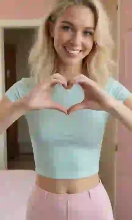 Donna bionda che mette a forma di cuore con le mani in posa carina per l'immagine AI per la generazione di immagini