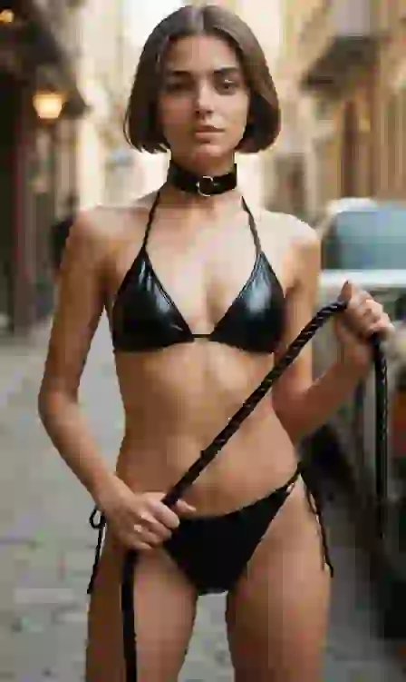 Donna in bikini in lattice nero su strada urbana per la generazione di immagini AI