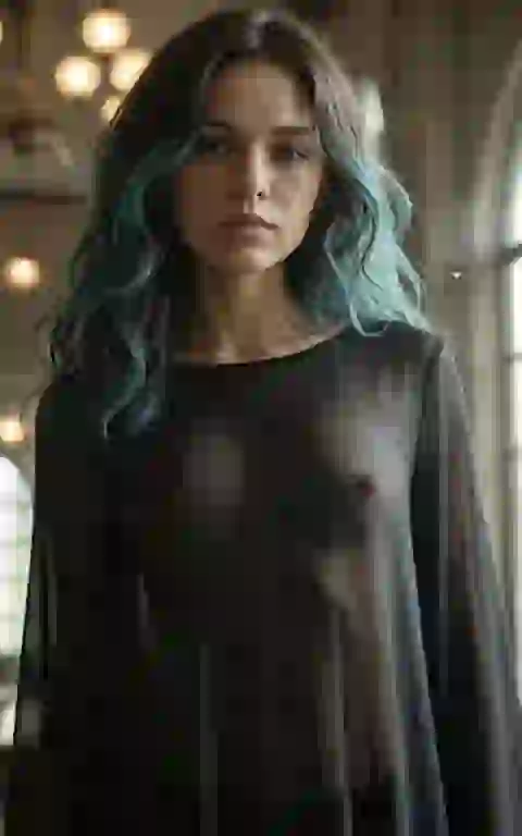 Donna con capelli blu che indossa un abito nero trasparente in un ambiente interno per la generazione di immagini AI