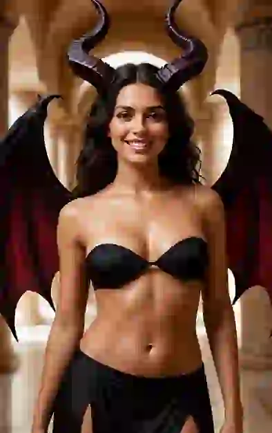 A woman with dark hair in succubus outfit: black bull horns, black bra, black skirt, balck bat wings. She's posing in a European-styled palace. Image effect for NSFW image to image tool.