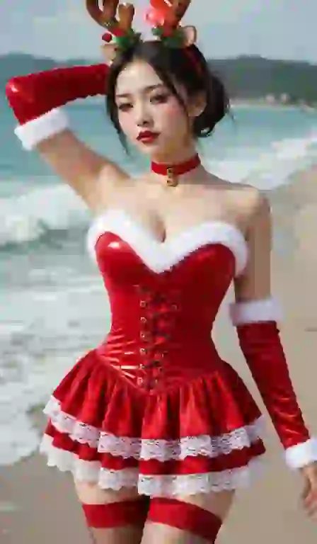 Donna dai capelli rossi in abito corsetto natalizio sulla spiaggia per la trasformazione da immagine AI a immagine