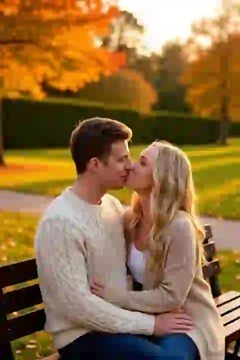 تقبيل الزوجين على مقعد خشبي في الهواء الطلق. تأثير لمولد صور التقبيل AI.