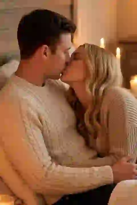 احتضان الزوجين والتقبيل في غرفة نوم مريحة. تأثير لمولد صور التقبيل AI.