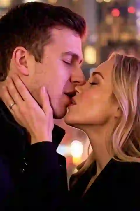 KI-generiertes Bild eines Paares in schwarzen Outfits, das sich in einer nächtlichen Umgebung im Freien einen innigen Kuss teilt, wobei die Hand der Frau den Kiefer des Mannes umfasst. Vorlage für einen KI-Bildgenerator für Kussbilder.