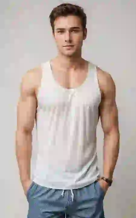 Um homem musculoso de blusa branca e shorts azuis posando com confiança. Modelo de modelo para geração de imagens e vídeos.