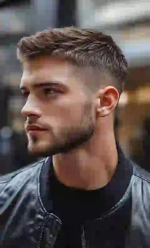 Homem de jaqueta preta posando em uma rua, vista lateral. Modelo de modelo para geração de imagens e vídeos.