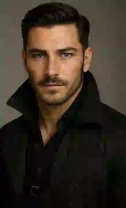 Um homem com barba e casaco preto está olhando para a câmera. Modelo de modelo para geração de imagens e vídeos.