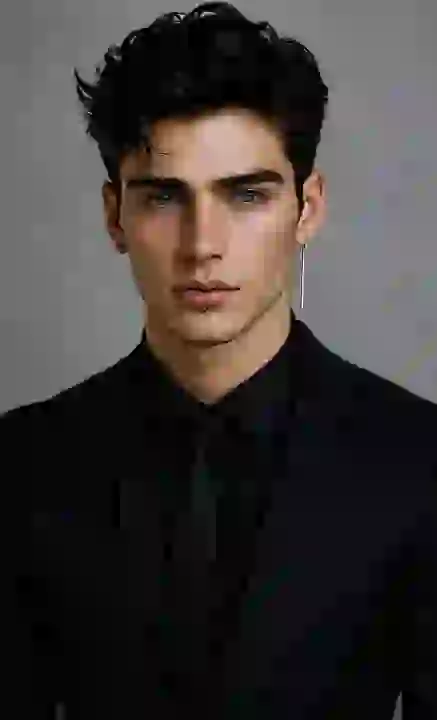 Um homem de terno preto está olhando para a câmera. Modelo de modelo para geração de imagens e vídeos.