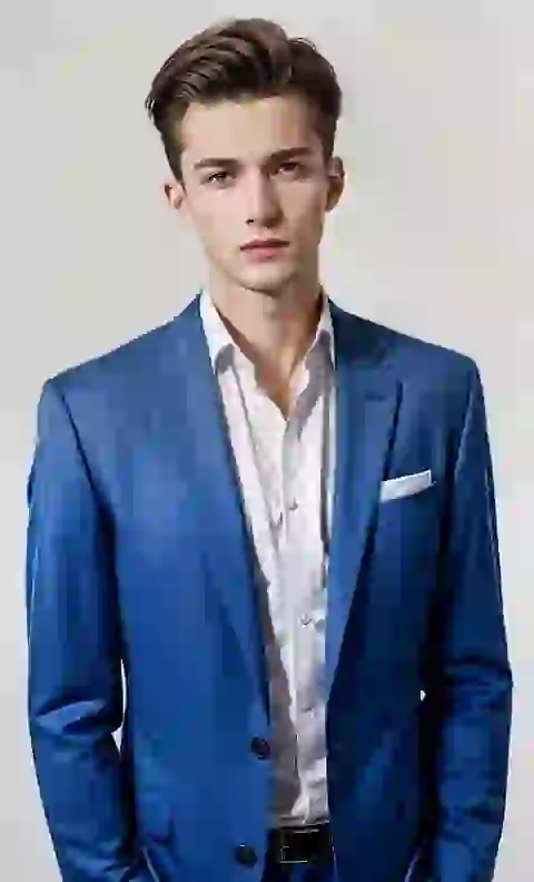 Um homem de terno azul e camisa branca posando na frente da câmera. Modelo de modelo para geração de imagens e vídeos.