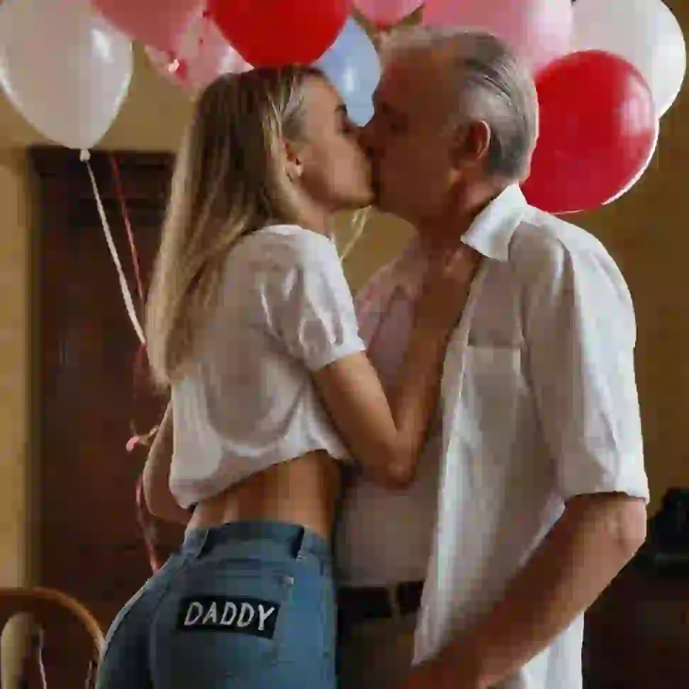 老人にキスする金髪の若い女性。