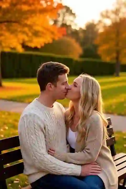 KI-generiertes Bild eines küssenden Paares auf einer hölzernen Parkbank, umgeben von Herbstlaub und gepflegtem Grün. Vorlage für einen KI-Bildgenerator für Kussbilder.