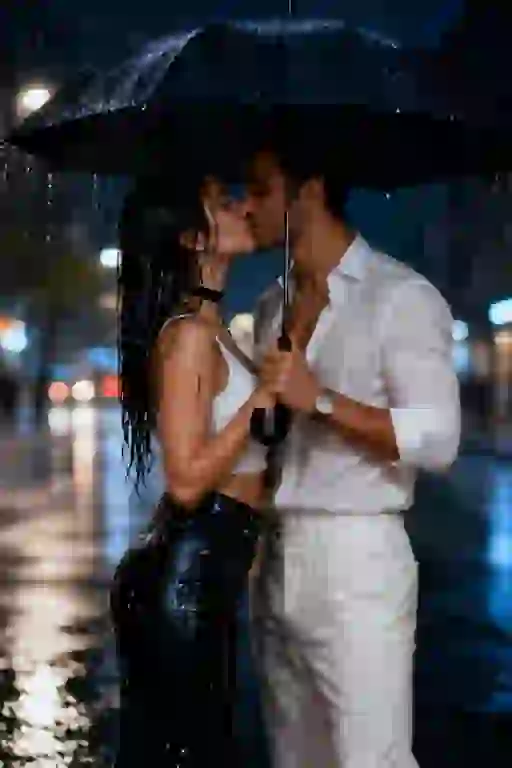 تقبيل الزوجين في المطر تحت مظلة سوداء في الليل. تأثير لمولد صور التقبيل AI.