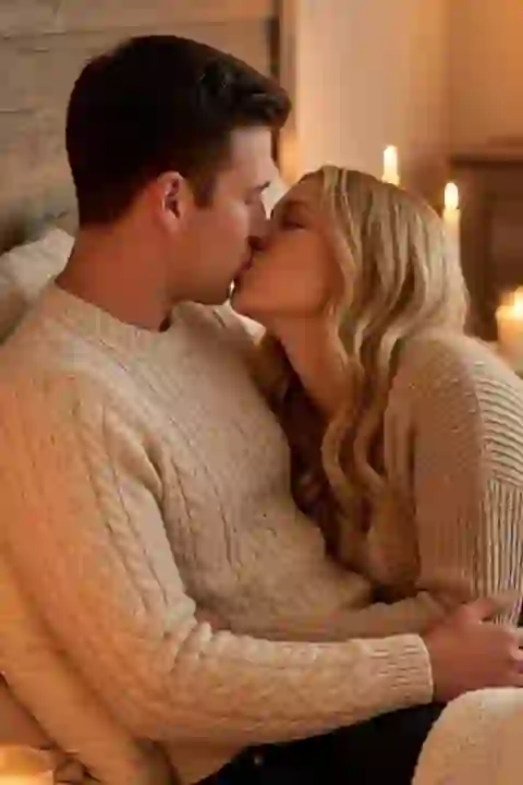 KI-generiertes Bild eines Paares, das zusammen auf einem Bett in einem gemütlich dekorierten Zimmer sitzt und einen sanften Kuss teilt. Vorlage für einen KI-Bildgenerator für Kussbilder.