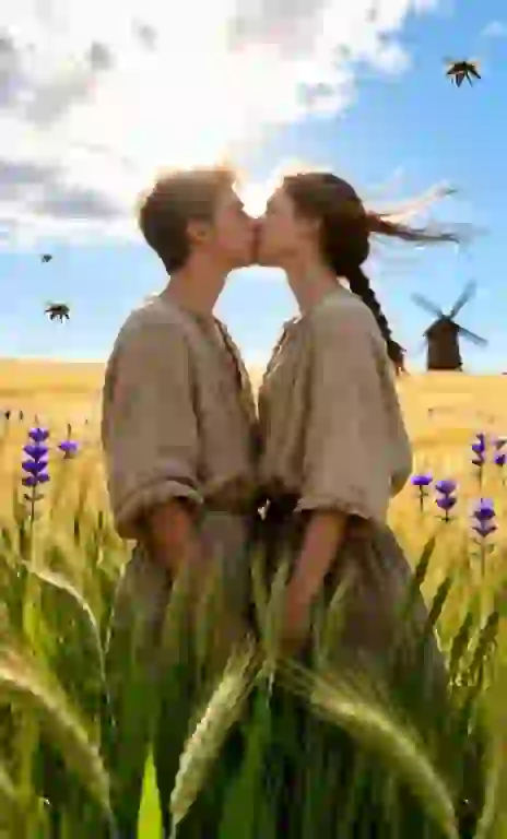 تقبيل الزوجين في حقل القمح المشمس مع الزهور البرية الأرجوانية. تأثير لمولد صور التقبيل AI.