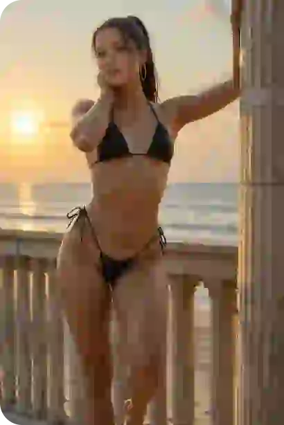 En kvinna med hästsvans i svart bikini poserar vid en kolumn på stranden och visar effekten av AI-nakengenerator.