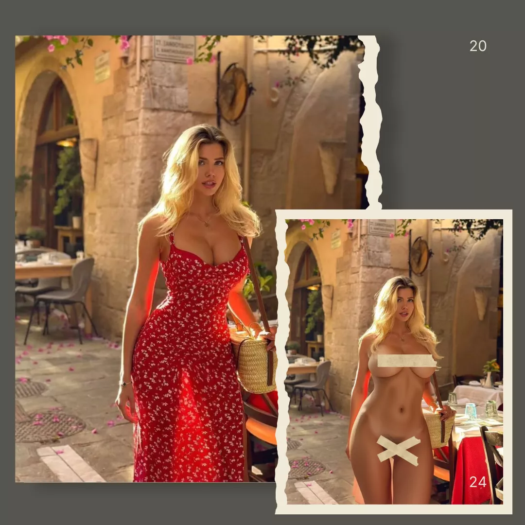 realistic clothoff before and after of a woman in a french red dress.