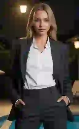 Blondynka w stroju biznesowym pozuje przy basenie.