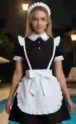 Blondynka w stroju pokojówki pozuje przy basenie.