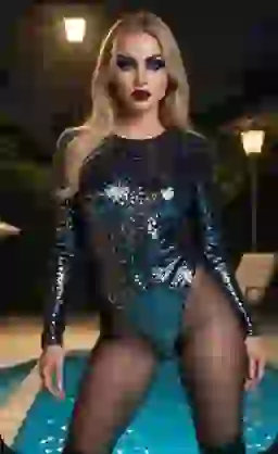 A blonde woman in blue sequined bodysuit and sheer black tights is posing by a swimming pool. Clothing option for AI image generator.