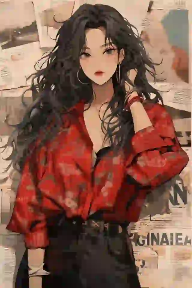 Personaje femenino de anime con cabello negro ondulado con camisa roja, pantalones negros, posando seductoramente.