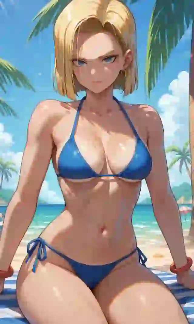 Estilo Dragon Ball, personaje femenino de anime con cabello rubio en bikini azul posando en la playa con expresión decidida.
