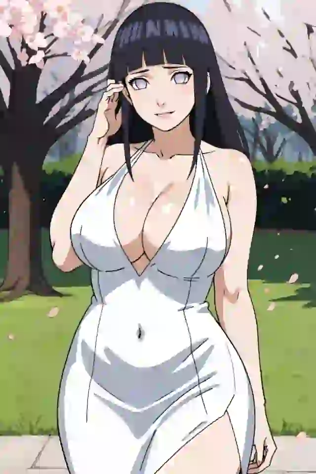 Personaje femenino de anime con cabello negro y vestido blanco con cuello en V posando seductoramente con árboles de sakura en el fondo.