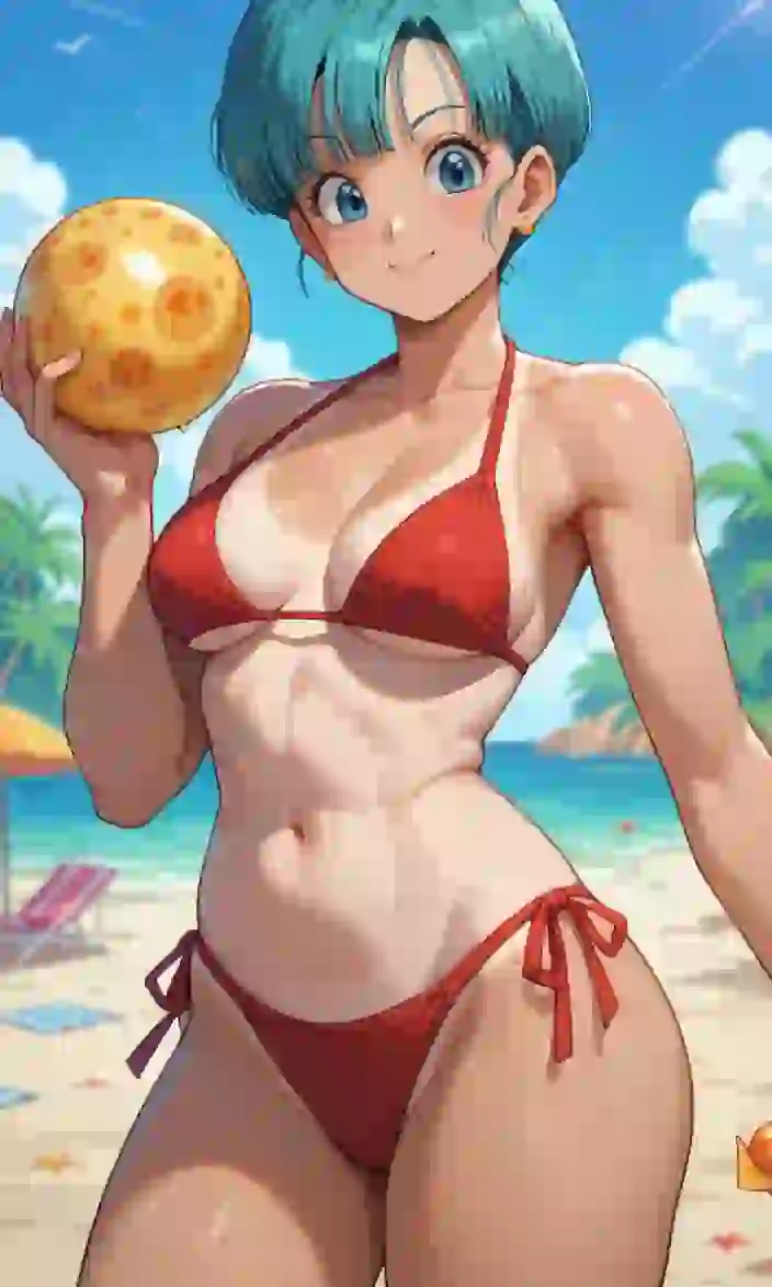 Estilo Dragon Ball, personaje femenino de anime con cabello corto azul en bikini rojo posando con una bola naranja en la mano.